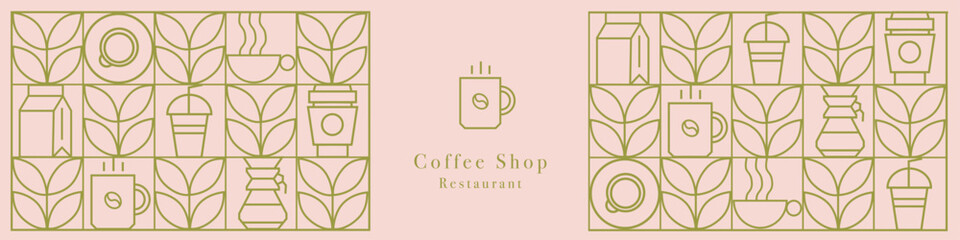 Coffee modern geometric pattern in mosaic line tiles, vector background. Coffee cup and moka pot with cappuccino and espresso, coffee beans and hot chocolate in geometric pattern 