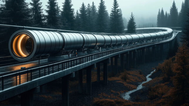 Modern hyperloop transport system with a futuristic tube on an elevated track in a misty forest setting, featuring a person in orange attire walking on the pathway.