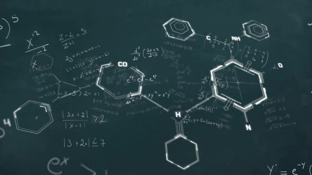 Animation of chemical formula over mathematical equations on black background - Powered by Adobe