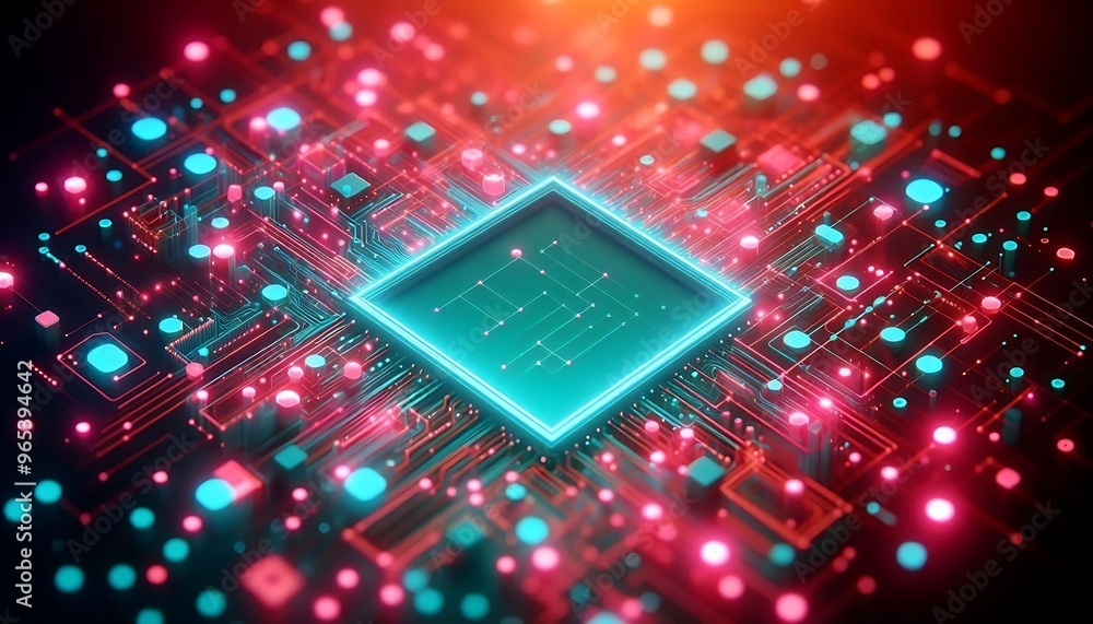 Poster a computer chip with a green square in the middle. the chip is surrounded by a red and blue backgrou