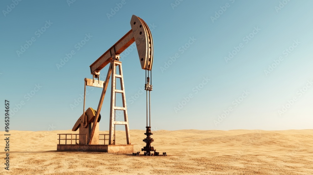 Aufkleber pumpjack in desert - declining oil resources with copy space and selective focus on foreground
