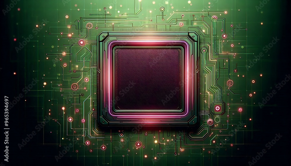 Poster a computer chip with a green background and a red border. the chip is surrounded by a glowing, color