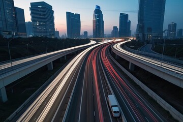 Fototapeta premium Aerial Perspective of Traffic Congestion on Major Expressway Highlighting Beautiful Light Trails and Contemporary Skyline