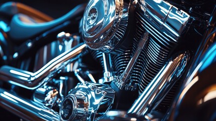 A close-up of a motorcycle engine with chrome details, showing intricate mechanical parts shining in the light.