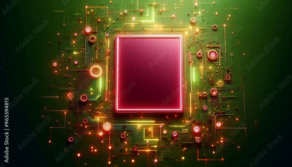 Poster a green background with a red square in the middle. the square is surrounded by many small lights an