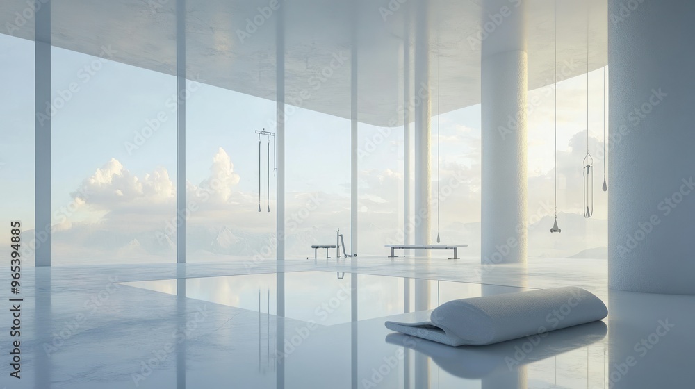 Poster minimalist interior with suspended objects and a mountain view