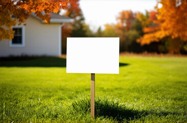 Blank yard sign in green grass on the house background. Yard sign mockup in sunny autumn day