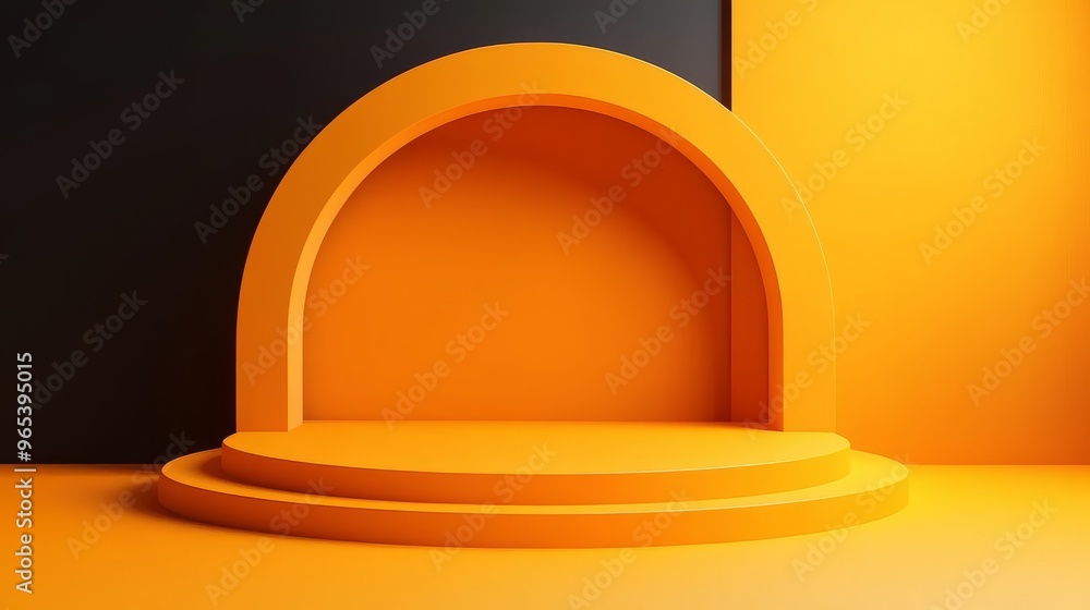 Aufkleber an empty orange circular podium platform with a circular arch is set against a black background, cre