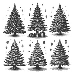 Obraz premium Set collection of Christmas trees, unique designs and festive decorations, vintage holiday sketch engraving generative ai raster illustration. Scratch board imitation. Black and white image.