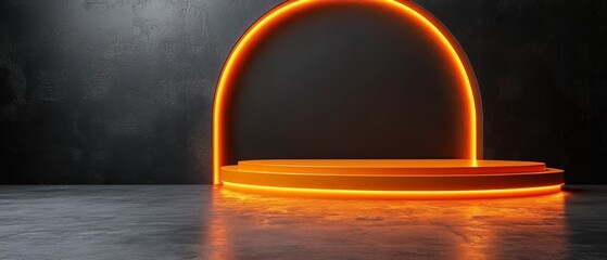 Obraz premium An empty orange circular podium platform is illuminated against a black background, creating a striking display area with a circular arch above, ideal for showcasing products