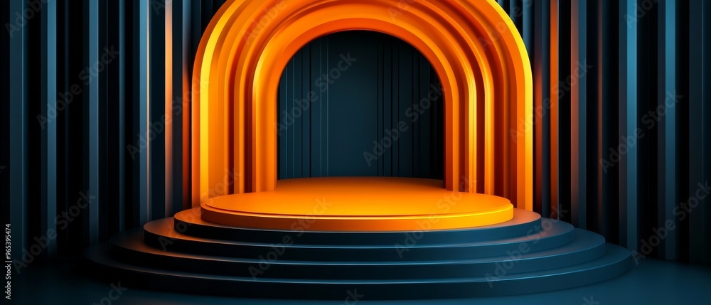 Poster this design showcases an orange circular podium and arch against a deep black background, creating a