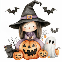 Halloween watercolor illustration of little witch with pumpkins, bats, a black cat, and ghost isolated on a white background. Halloween party.