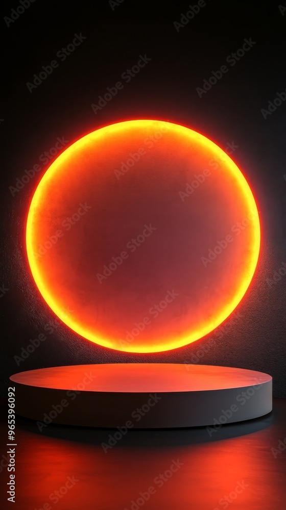Aufkleber an abstract minimal setting featuring an empty orange circular podium and a matching arch against a 