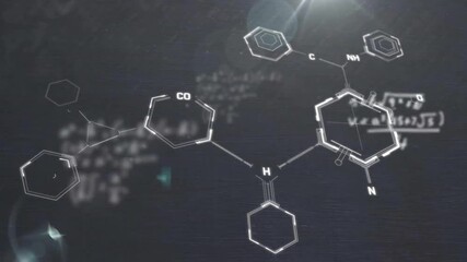 Animation of light spots over chemical formula and mathematical equations on black background - Powered by Adobe