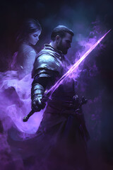 Naklejka premium A strong looking mage in his thirties with a short beard, wielding a short sword glowing with dark purple energy