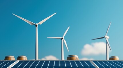 Sustainable Energy Concept with Wind and Solar Symbols Against Oil Barrels, with Copy Space, Selective Focus,