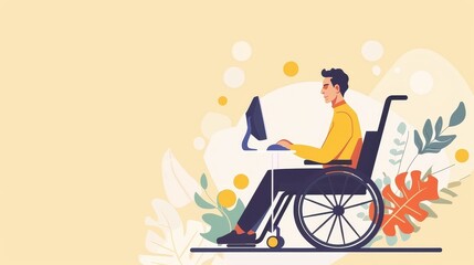 Fototapeta premium Man in wheelchair working at computer, colorful office environment, accessibility, freelance concept