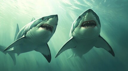 Naklejka premium Two great white sharks swimming in the ocean with their mouths open, AI