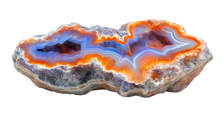 Vibrant Banded Agate Geode Slice with Orange and Blue Colors on Transparent Background