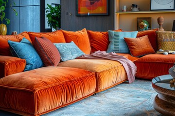 A luxurious modular corner sofa with velvet upholstery, set in an elegant living room! Scandinavian loft minimalist furniture, modular tufted sofa