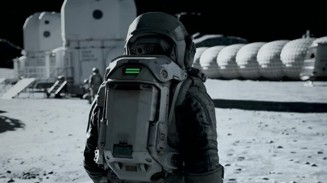 Astronaut walking towards lunar base