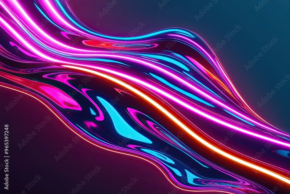 Poster vibrant neon fluid motion with shimmering liquid geometry and dynamic elements