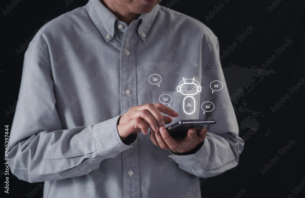 Poster a person using a smartphone online with a chatbot to inquire about information about products and se