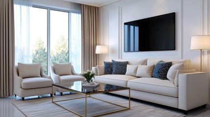 Elegant Luxury Living Room with Glass Coffee Table Illuminated by Reflection of Light - 3D Render with Ray Tracing in Ultra HD