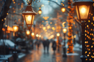 Blurred view of city street with festive lights at night. Abstract defocus background with christmas bokeh lights on streets decorated for christmas in european city in December