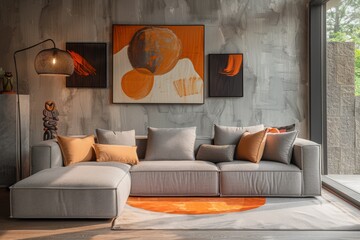 Scandinavian loft minimalist furniture, modular tufted sofa. Modular corner sofa in a contemporary setting, with a floor lamp and artwork on the walls.