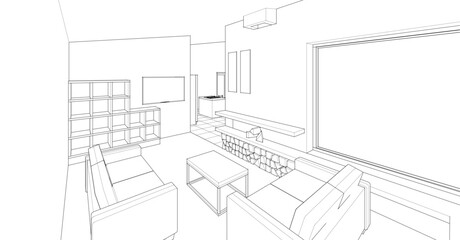 interior kitchen living room 3d illustration	
