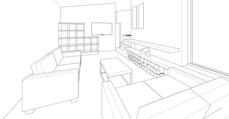 interior kitchen living room 3d illustration	
