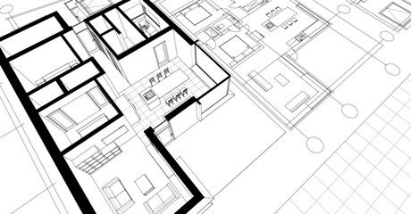 interior kitchen living room 3d illustration	
