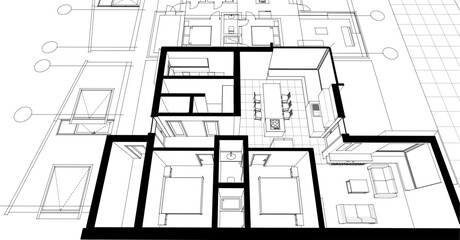 interior kitchen living room 3d illustration	
