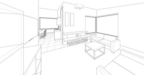 interior kitchen living room 3d illustration	
