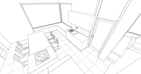 interior kitchen living room 3d illustration	
