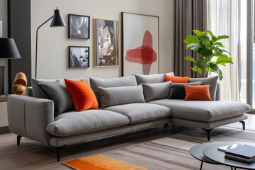 Scandinavian loft minimalist furniture, modular tufted sofa. A modular corner sofa in a contemporary setting, with a floor lamp and artwork on the walls.