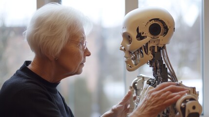 Elderly woman interacting with humanoid robot, exploring technology,  future concept, helping elderly people in a nursing home