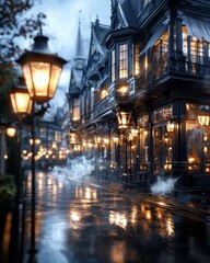 Mystical European Street at Night with Fog and Lanterns