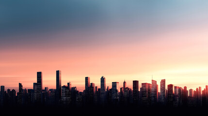 A city skyline at sunset with a gradient of warm colors in the sky. The skyscrapers are silhouetted against the vivid backdrop, creating a dramatic urban scene.