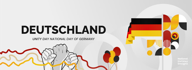 Happy Germany Unity Day or Deutschland. Modern abstract shape with raised hand and typography to celebrate national holidays in Germany flag colors. Suitable for poster, banners and greeting cards.
