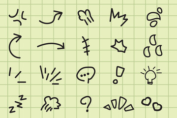 Hand drawn symbols collection cartoon style doodle sign expressions, with colorful curve direction arrows, emoticon effects. anger, and bubble chat