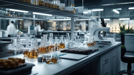 Naklejka premium A modern laboratory with various glassware and equipment. A microscope, flasks with amber liquid, and test tubes are arranged on the workbench. Researchers work in the background.