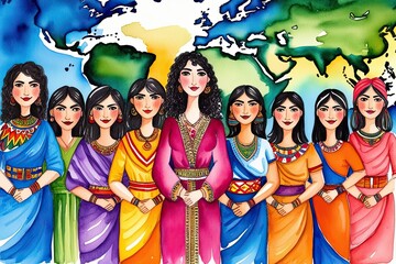 Fototapeta premium Empowering Women Across Cultures Illustrated Through Captivating Watercolor Art