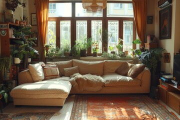 Obraz premium A modular corner sofa with a chaise lounge, in a cozy and inviting space! Scandinavian loft minimalist furniture!