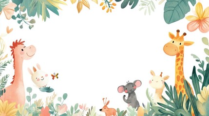 Obraz premium Golden blush border with vibrant animal doodles, inspired by children's illustrations, blank space for birthday details, watercolor accents on soft white