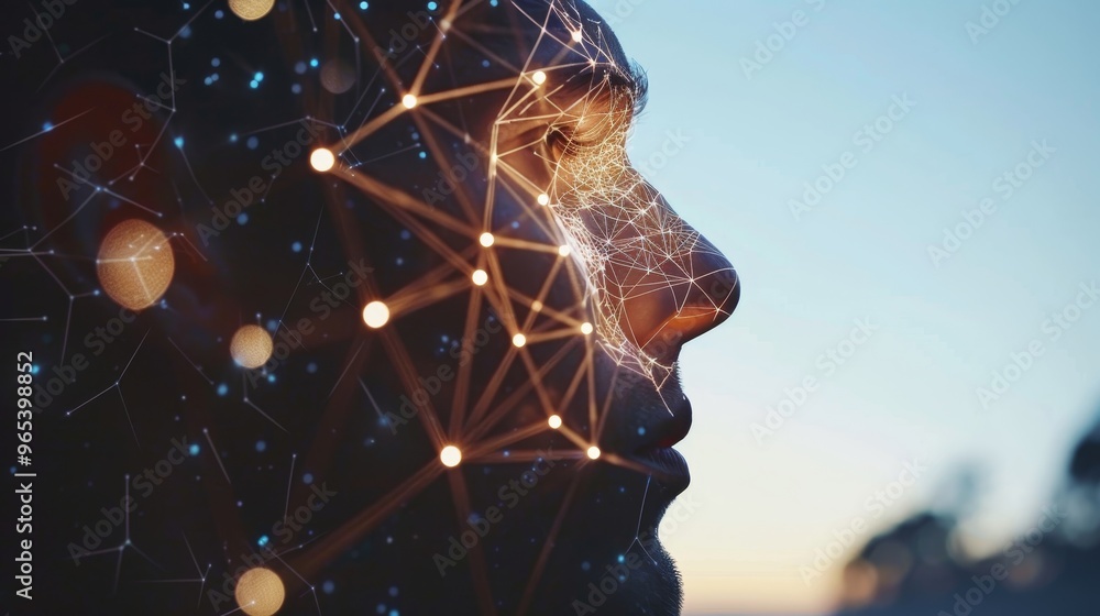 Aufkleber man face with futuristic network, artificial intelligence, neural connection concept.
