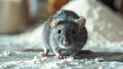 Cute gray rat sitting on flour-covered surface, whiskers forward, curious expression, macro close-up, rodent concept