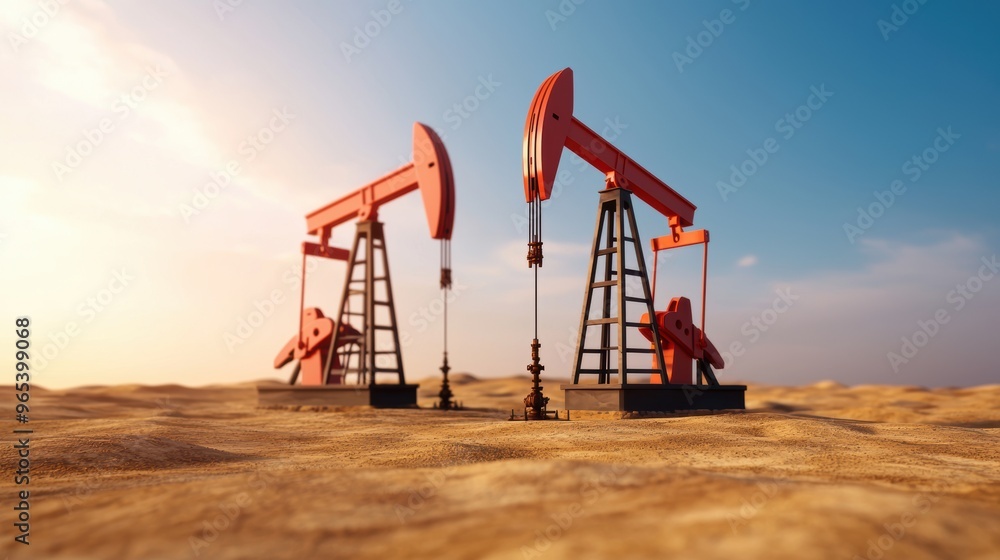 Poster futuristic of abandoned oil wells and rigs symbolizing future energy concepts with copy space for te