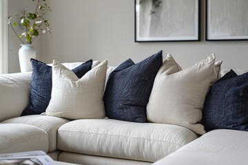 Scandinavian loft minimalist furniture. Stylish modular corner sofa with plush cushions, set against a minimalist background.